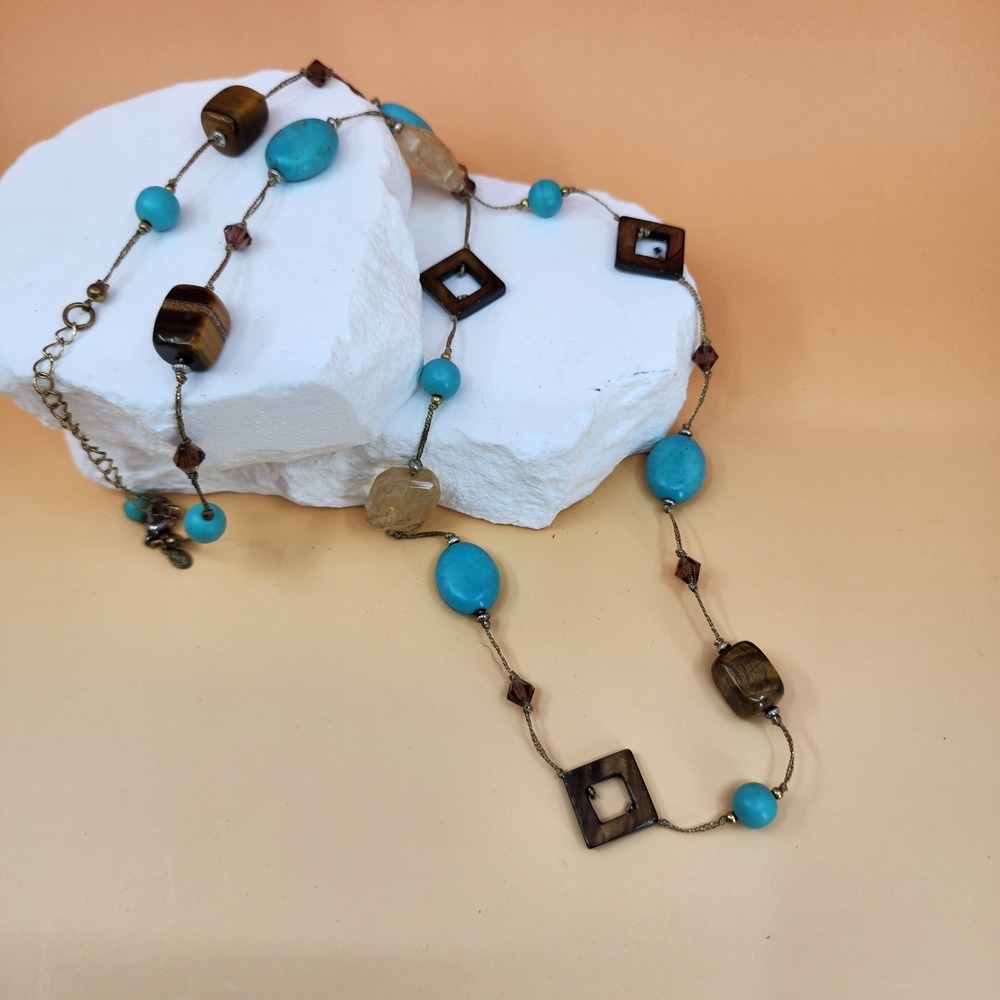 Turquoise Brown Beaded Long Necklace Tiger Eye Style Southwestern Boho Layering